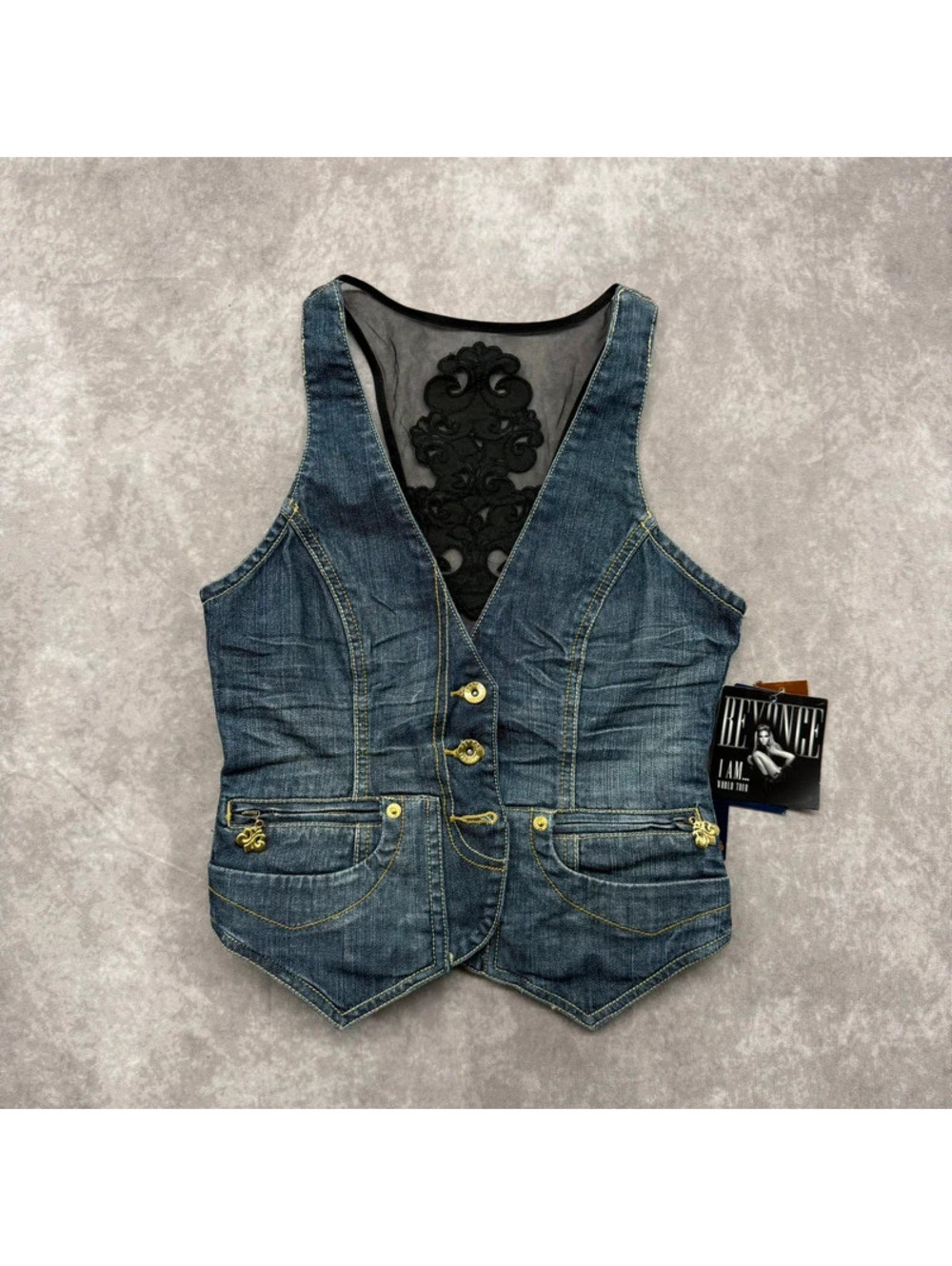 Vintage Y2K Deréon Beyonce Denim Vest Lace Back Embroidered Top Small NWT